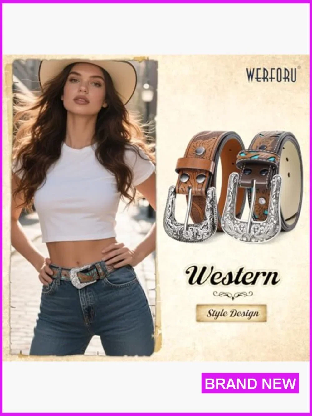 Women Western Leather Belt Set with Big Silver Buckle Vintage Carved Pattern - Picture 2 of 7
